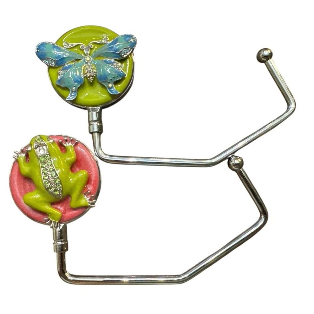 SPRING STREET PURSE HOOKS SET OF 2 FROG & BLUE FLOWER HANDBAG HANGERS
